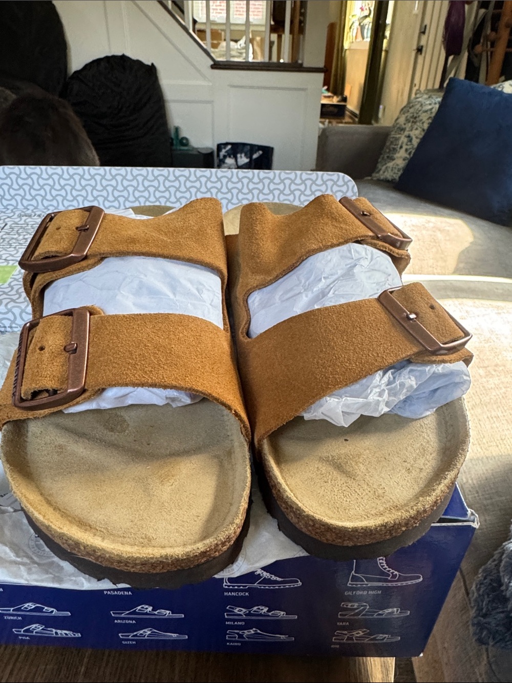 Birkenstock Two-Strap Suede Sandals in Cognac Brown